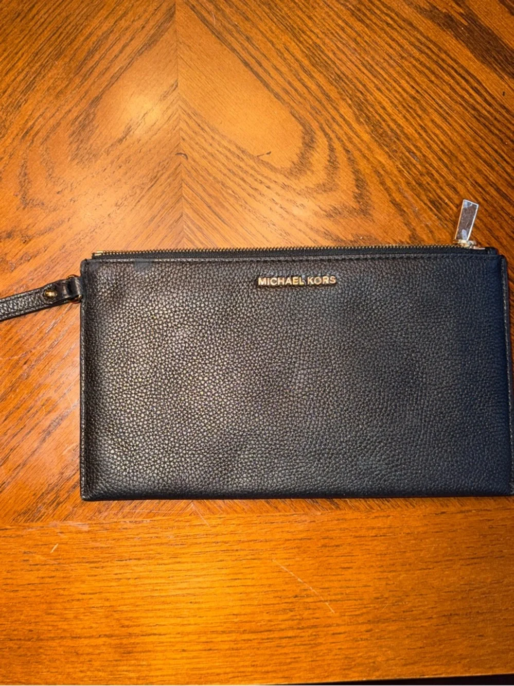 Michael Kors Black Pebbled Leather Wristlet Clutch with Gold Logo